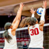 Arkansas Razorbacks Romani Thurman with a block in match against the Auburn Tigers at Barnhill Arena