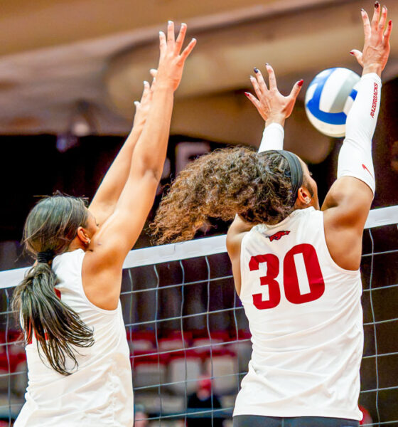 Arkansas Razorbacks Romani Thurman with a block in match against the Auburn Tigers at Barnhill Arena