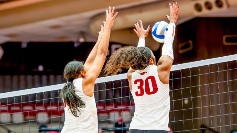 Arkansas Razorbacks Romani Thurman with a block in match against the Auburn Tigers at Barnhill Arena