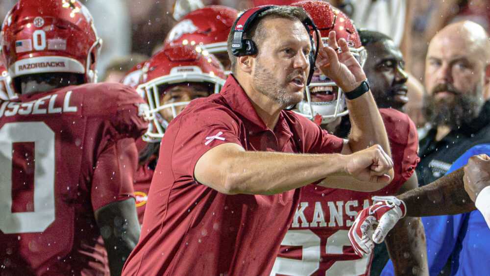 Arkansas Razorbacks coach Ryan Silverfield during game against the Tulsa Golden Hurricane at Razorback Stadium