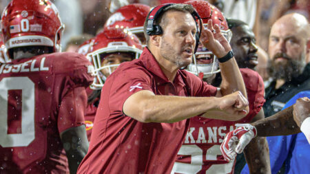 Arkansas Razorbacks coach Ryan Silverfield during game against the Tulsa Golden Hurricane at Razorback Stadium