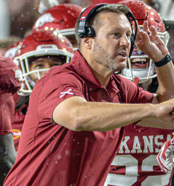 Arkansas Razorbacks coach Ryan Silverfield during game against the Tulsa Golden Hurricane at Razorback Stadium