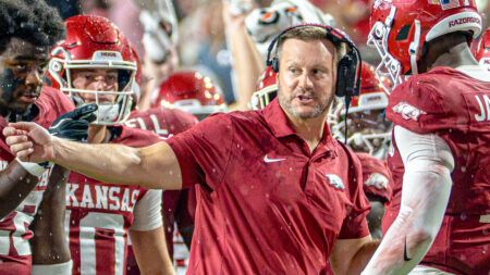 Arkansas Razorbacks coach Ryan Silverfield on the sidelines during game against the Tulsa Golden Hurricane at Razorback Stadium