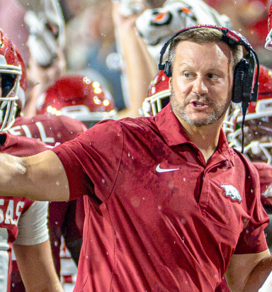 Arkansas Razorbacks coach Ryan Silverfield on the sidelines during game against the Tulsa Golden Hurricane at Razorback Stadium