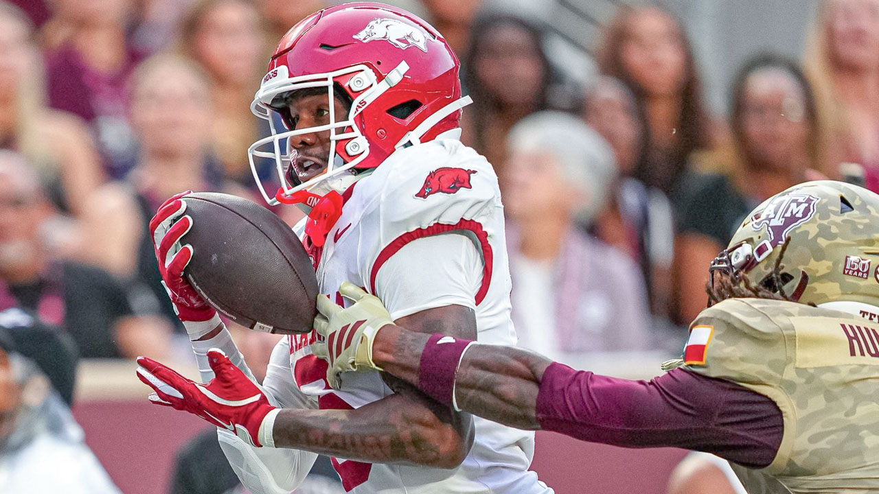 Arkansas Razorbacks wide receiver Chris Marshall catches a touchdown pass against the Texas A&M Aggies at Kyle Field