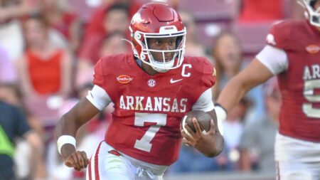 Arkansas Razorbacks quarterback KJ Jackson against the Tennessee Volunteers at game in Razorback Stadium