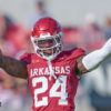 Arkansas Razorbacks defensive back Miguel Mitchell celebrates after a play against the Tennessee Volunteers at Razorback Stadium