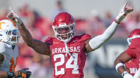 Arkansas Razorbacks defensive back Miguel Mitchell celebrates after a play against the Tennessee Volunteers at Razorback Stadium