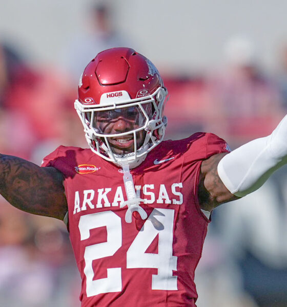 Arkansas Razorbacks defensive back Miguel Mitchell celebrates after a play against the Tennessee Volunteers at Razorback Stadium