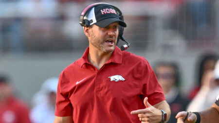 Arkansas Razorbacks coach Ryan Silverfield during game with the Tennessee Volunteers at Razorback Stadium