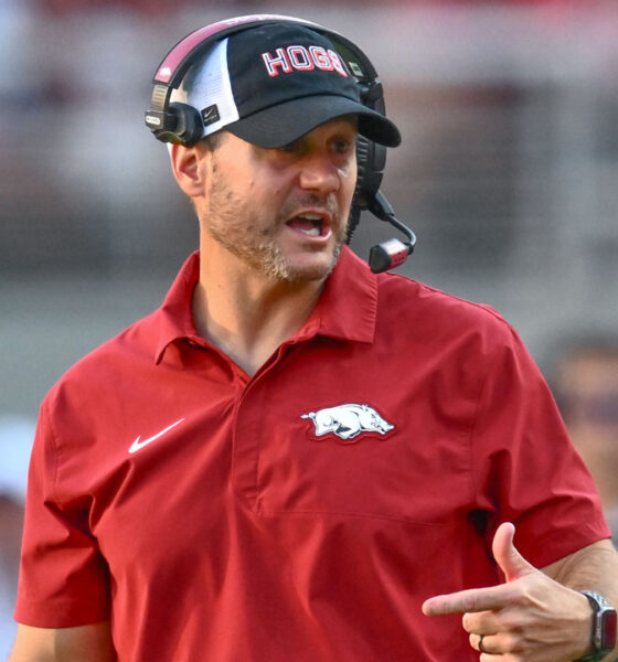 Arkansas Razorbacks coach Ryan Silverfield during game with the Tennessee Volunteers at Razorback Stadium