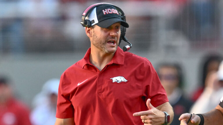 Arkansas Razorbacks coach Ryan Silverfield during game with the Tennessee Volunteers at Razorback Stadium