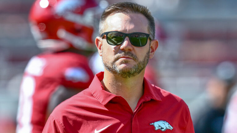 Arkansas Razorbacks coach Ryan Silverfield on the sidelines against the Tennessee Volunteers at Razorback Stadium