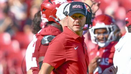 Arkansas Razorbacks coach Ryan Silverfield on the sidelines against the Tennessee Volunteers at Razorback Stadium