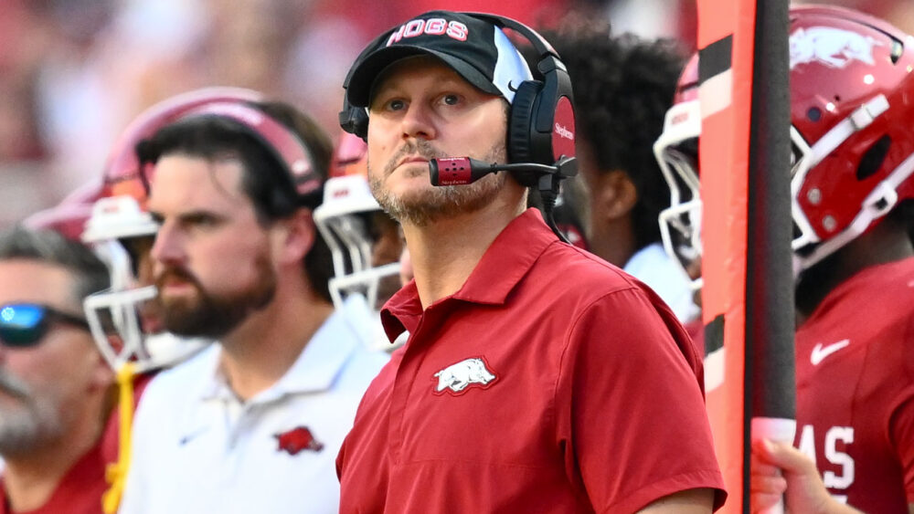 Arkansas Razorbacks coach Ryan Silverfield on the sidelines against the Tennessee Volunteers at Razorback Stadium