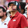 Arkansas Razorbacks coach Ryan Silverfield on the sidelines against the Tennessee Volunteers at Razorback Stadium