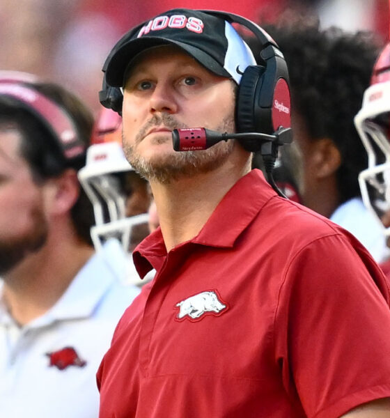 Arkansas Razorbacks coach Ryan Silverfield on the sidelines against the Tennessee Volunteers at Razorback Stadium