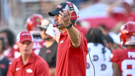 Arkansas Razorbacks coach Ryan Silverfield on the sidelines against the Tennessee Volunteers at Razorback Stadium