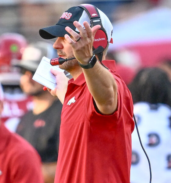 Arkansas Razorbacks coach Ryan Silverfield on the sidelines against the Tennessee Volunteers at Razorback Stadium