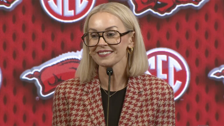 Arkansas Razorbacks women's coach Kelsi Musick on stage at SEC Media Days