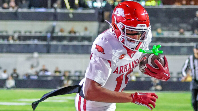 Arkansas Razorbacks wide receiver Antonio Jordan going out of bounds during game against the Vanderbilt Commodores