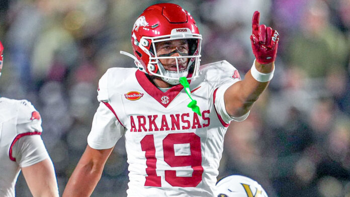 Arkansas Razorbacks wide receiver Antonio Jordan after a big catch during game against the Vanderbilt Commodores