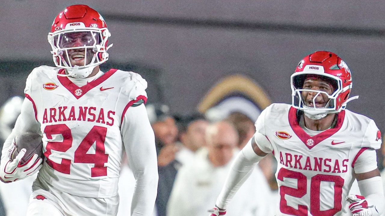 Arkansas Razorbacks defensive back Miguel Mitchell and Joker Johnson during game against the Vanderbilt Commodores