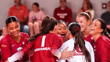 Arkansas volleyball in win over Alabama.