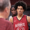 Arkansas Razorbacks Davion Thompson in pregame warmups before exhibition game against the Gonzaga Bulldogs at Bud Walton Arena