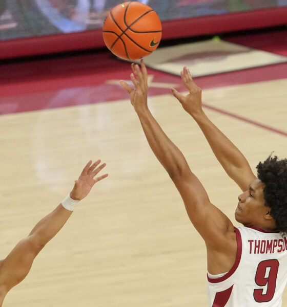 Arkansas Razorbacks freshman Davion Thompson puts up a shot against the Gonzaga Bulldogs
