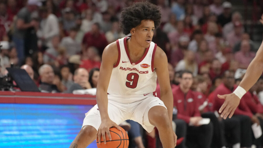 Arkansas Razorbacks Davion Thompson looks inside during exhibition game against the Gonzaga Bulldogs at Bud Walton Arena