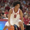 Arkansas Razorbacks Davion Thompson looks inside during exhibition game against the Gonzaga Bulldogs at Bud Walton Arena