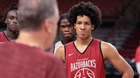 Arkansas Razorbacks Davion Thompson in pregame warmups before exhibition game against the Gonzaga Bulldogs at Bud Walton Arena