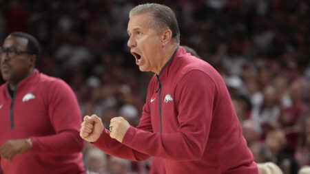 Arkansas Razorbacks John Calipari during exhibition game against the Gonzaga Bulldogs in game at the Bud Walton Arena .