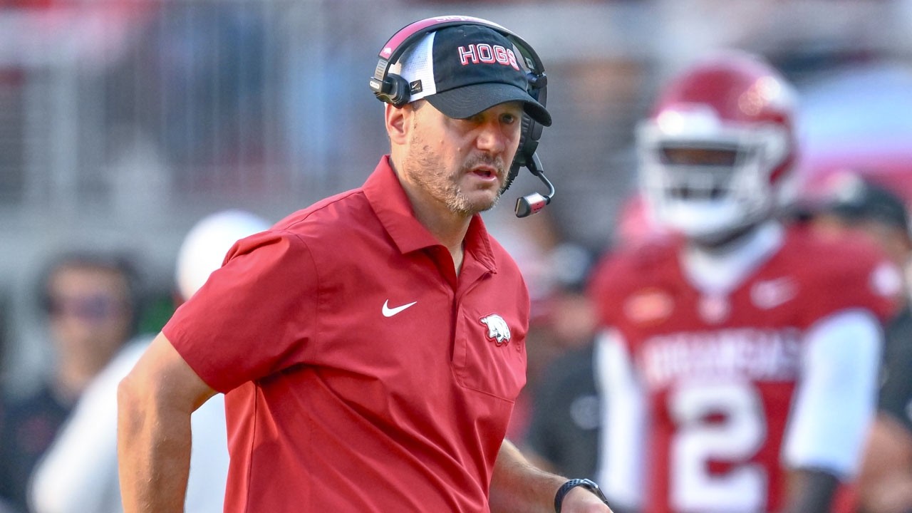 Arkansas Razorbacks coach Ryan Silverfield on the sidelines against the Tennessee Volunteers at Razorback Stadium